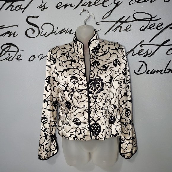 JS COLLECTIONS Silk Womens Black & White Jacket With Mandarin Collar & Beading - Picture 1 of 10